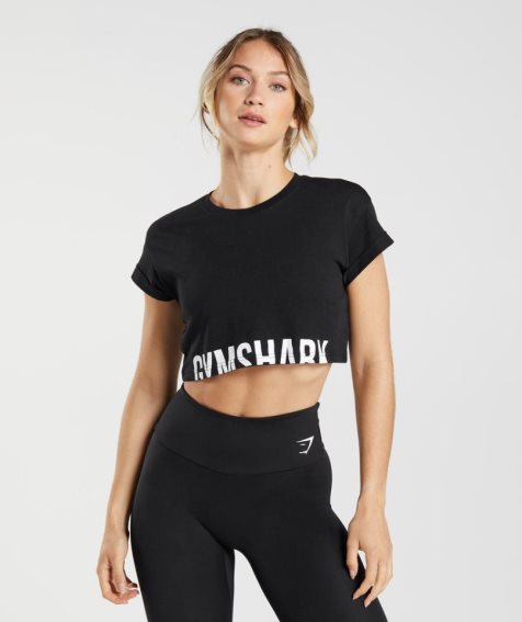 Women's Gymshark Fraction Cropped Tops Black | NZ 5CIYJM